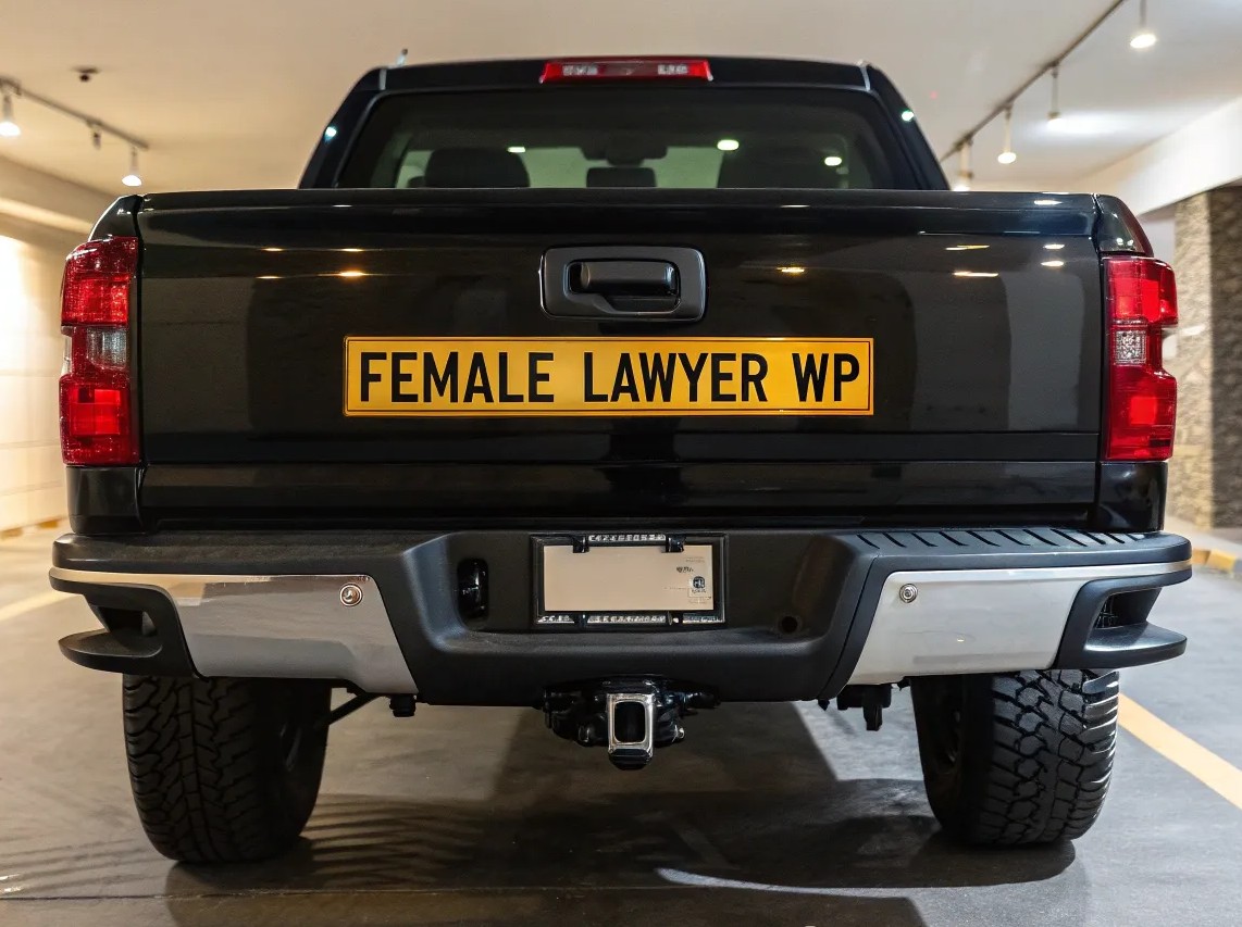 Car with number plate FEMALE LAWYER WP, indicating that the owner of the car is a female attorney residing in the Western Cape Province of South Africa