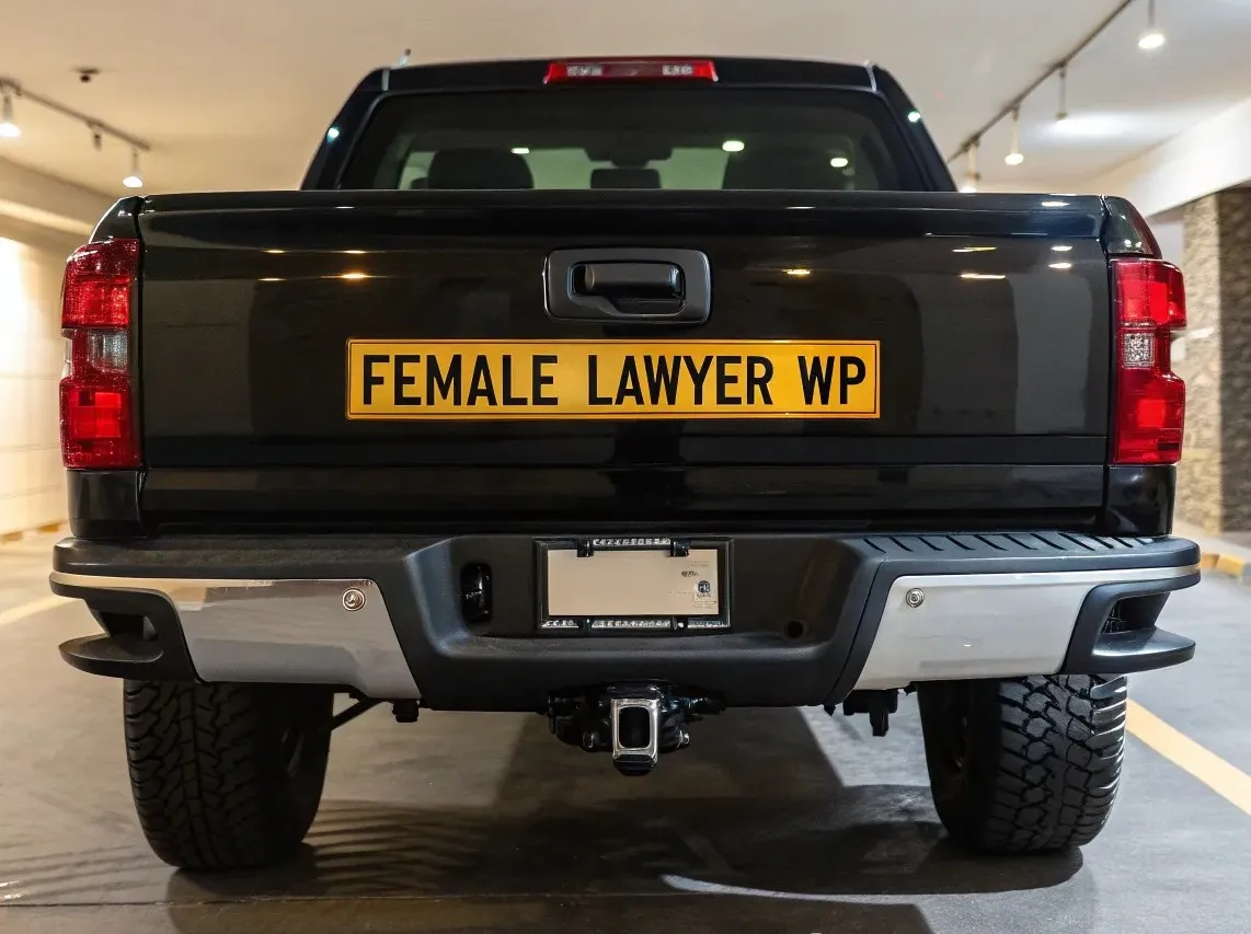 Car with number plate FEMALE LAWYER WP, indicating that the owner of the car is a female attorney residing in the Western Cape Province of South Africa