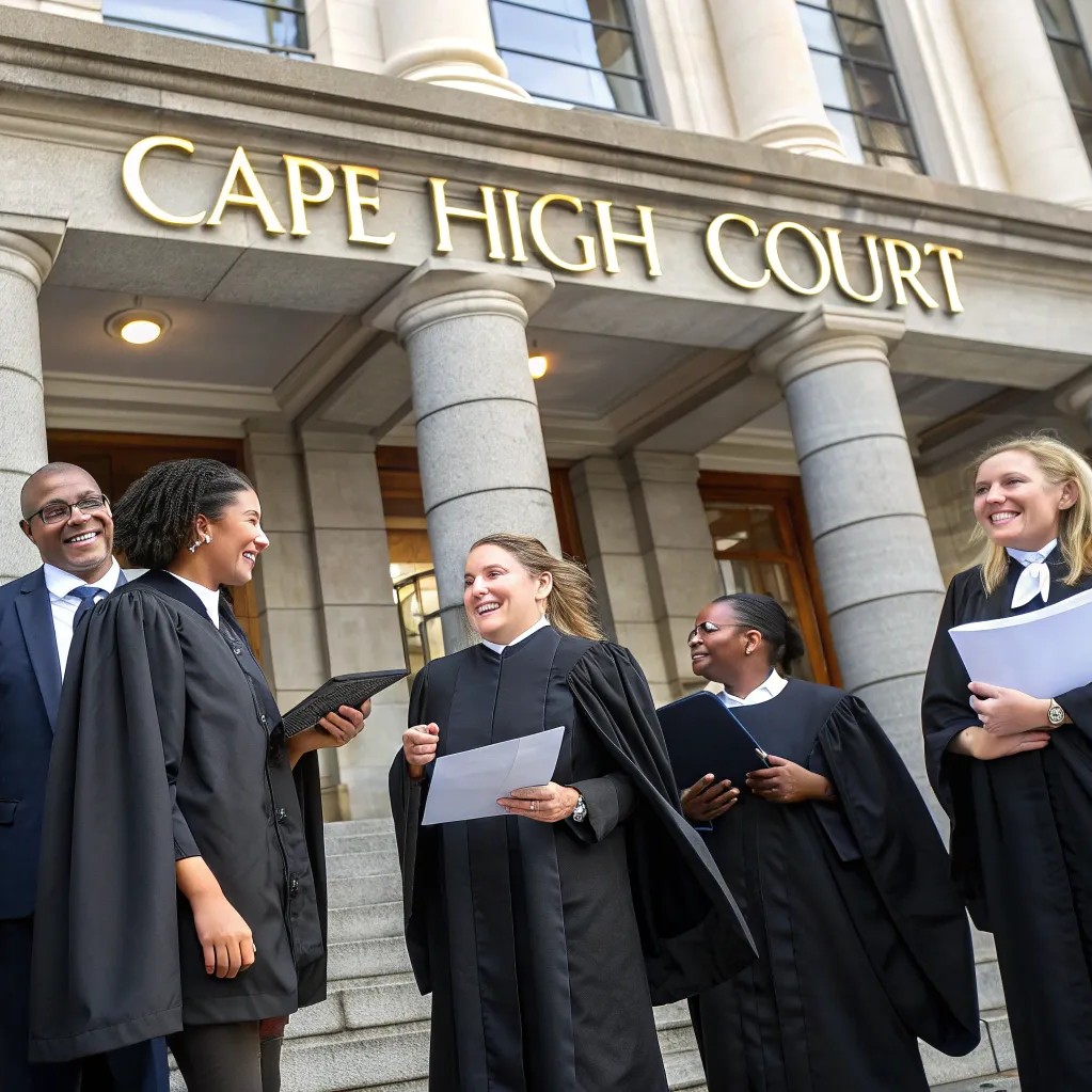 Attorneys and advocates in legal gowns chatting outside a CAPE HIGH COURT building