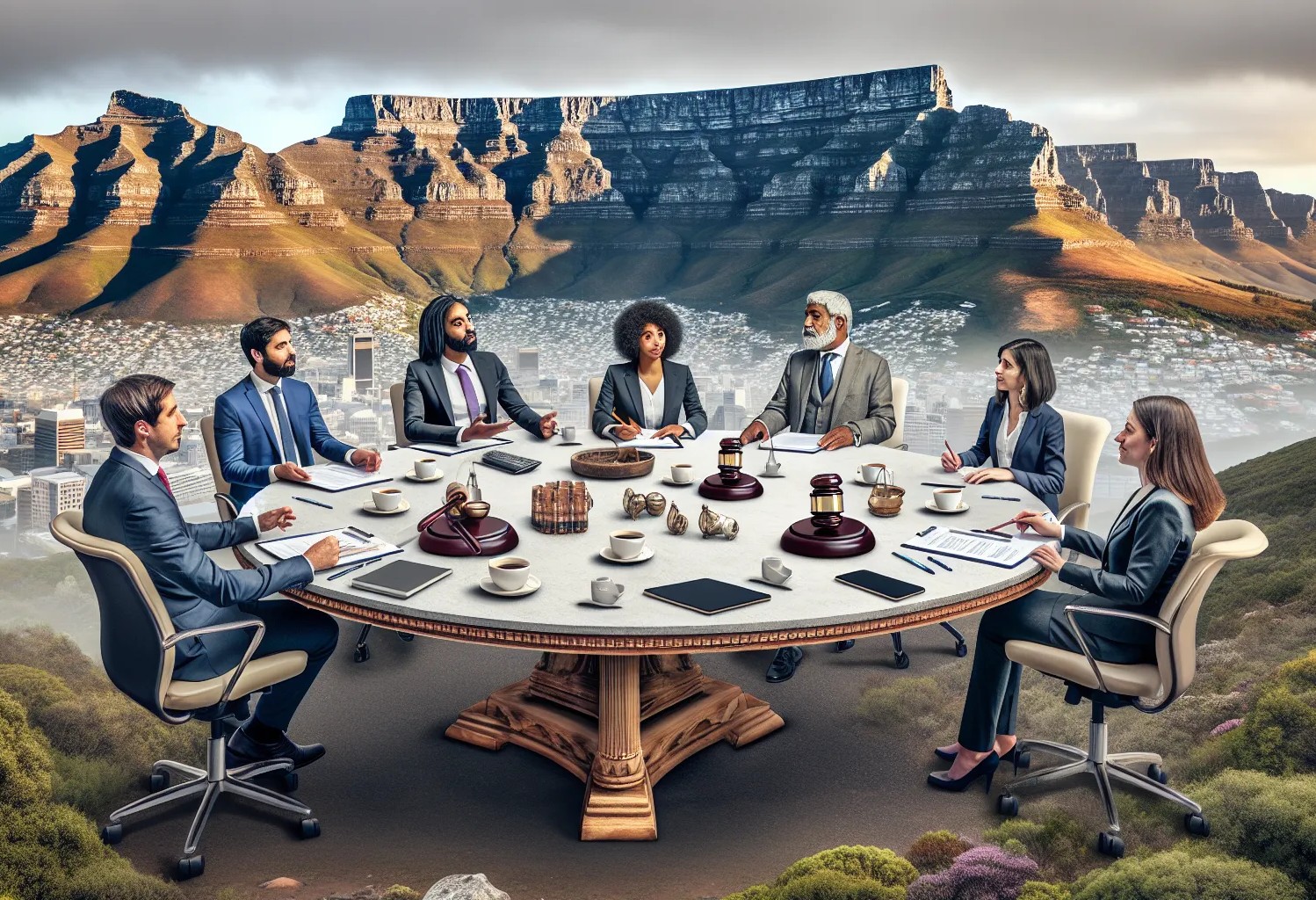 Attorneys sitting around an outdoor table with Table Mountain in the background