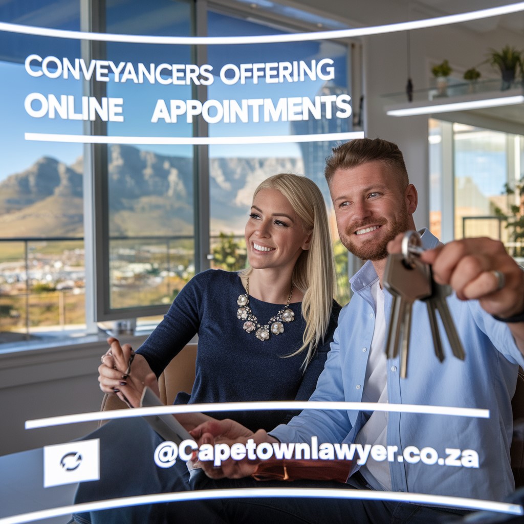 Couple holding keys, Table Mountain in background, text - Conveyancers offering online appointments