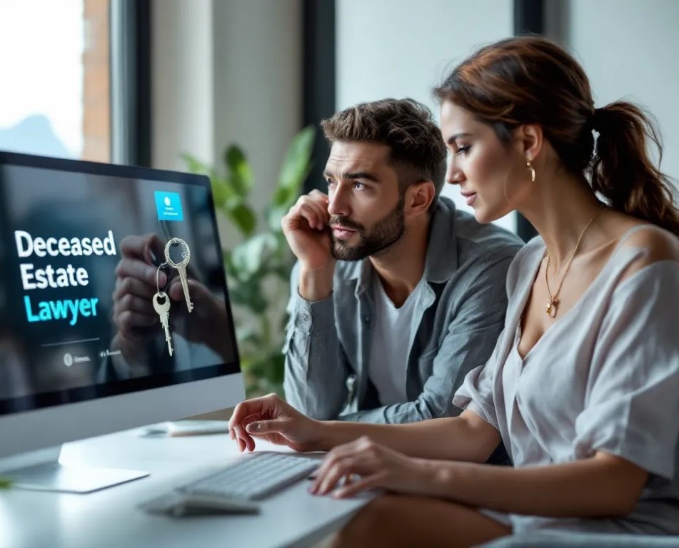 Couple in front of a computer screen which says - Deceased Estate Lawyer