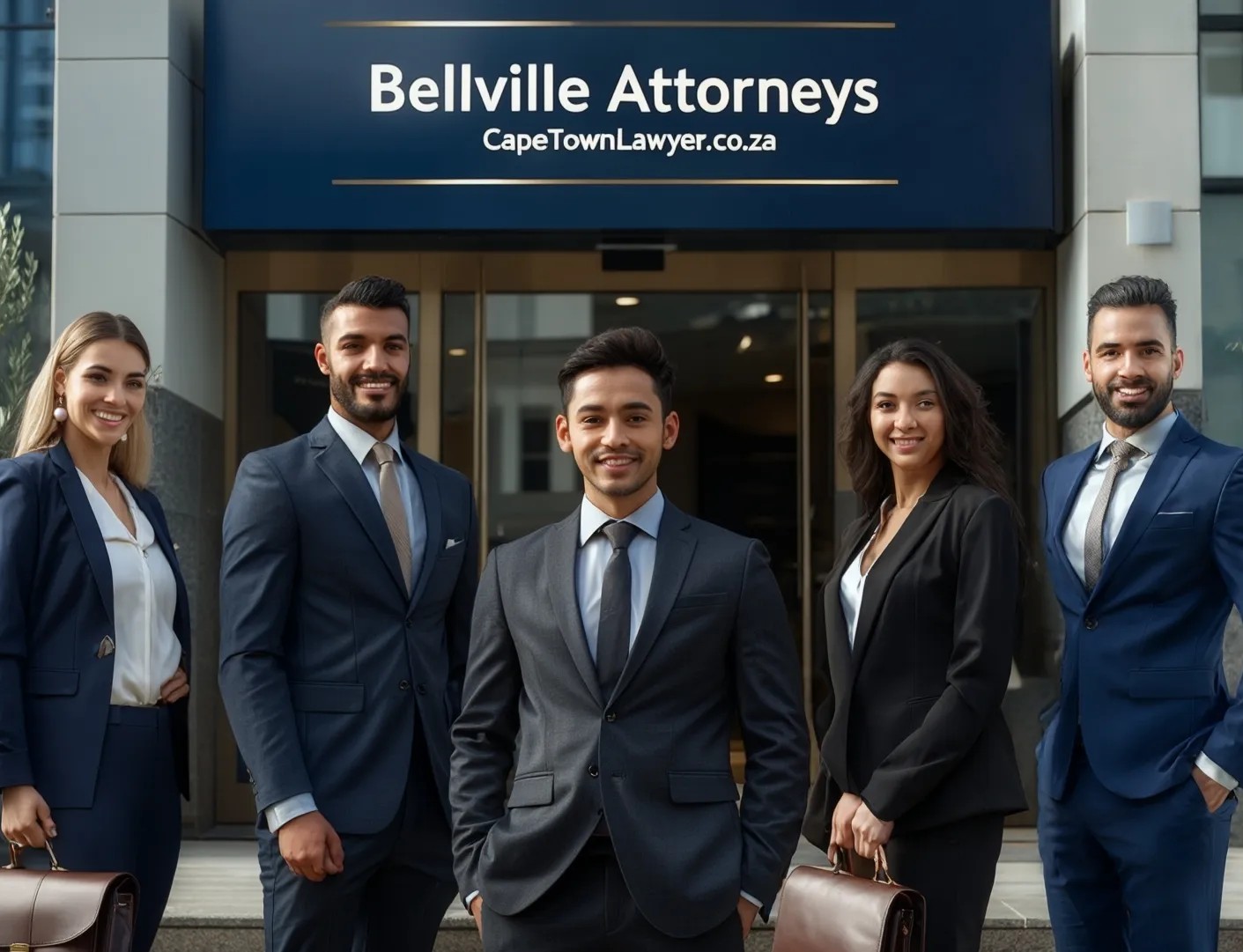 5 attorneys standing outside a building with sign - Bellville Attorneys - CapeTownLawyer.co.za