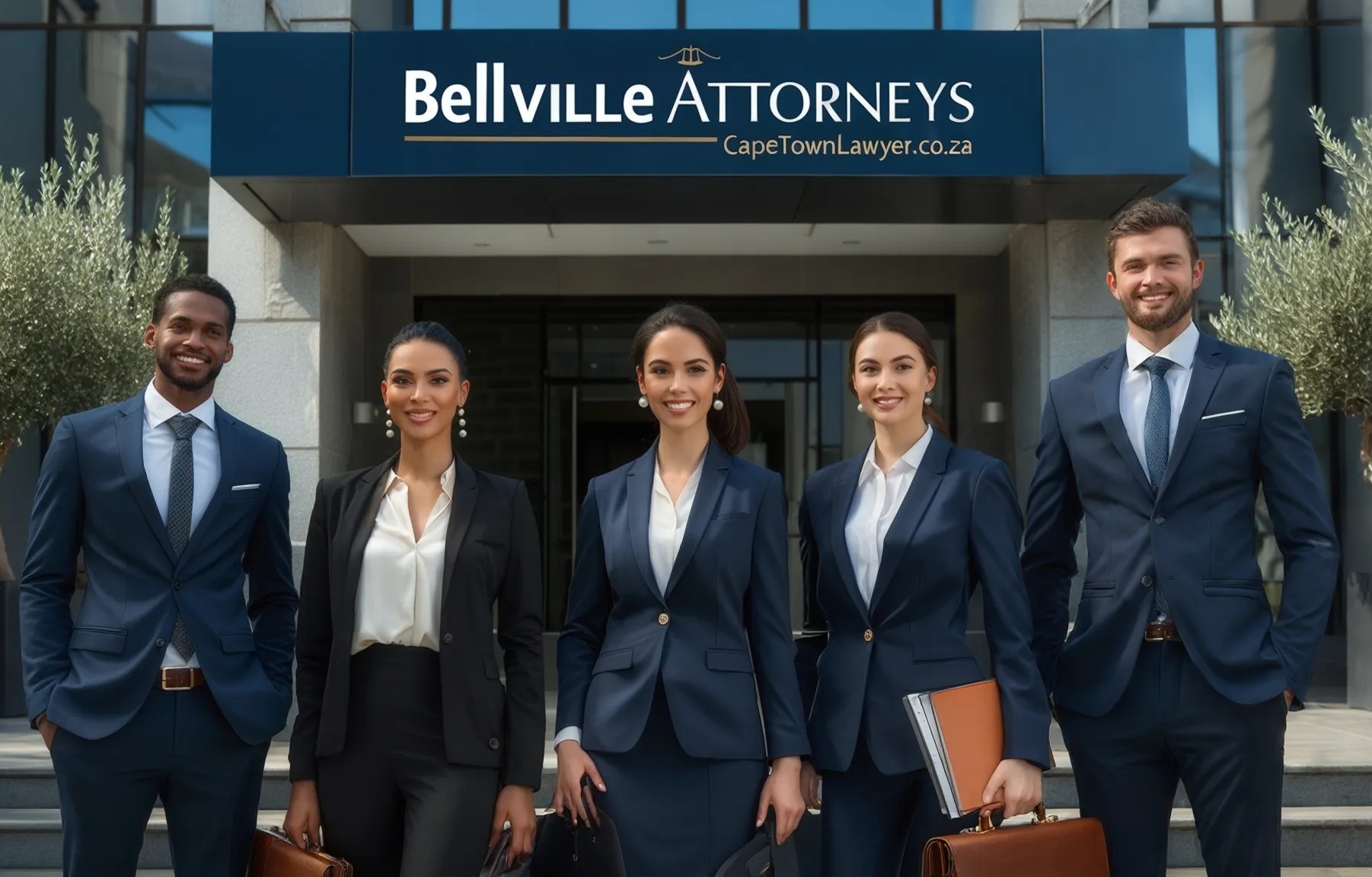 5 lawyers in legal outfits standing in front of a building with sign - Bellville Attorneys - CapeTownLawyer.co.za