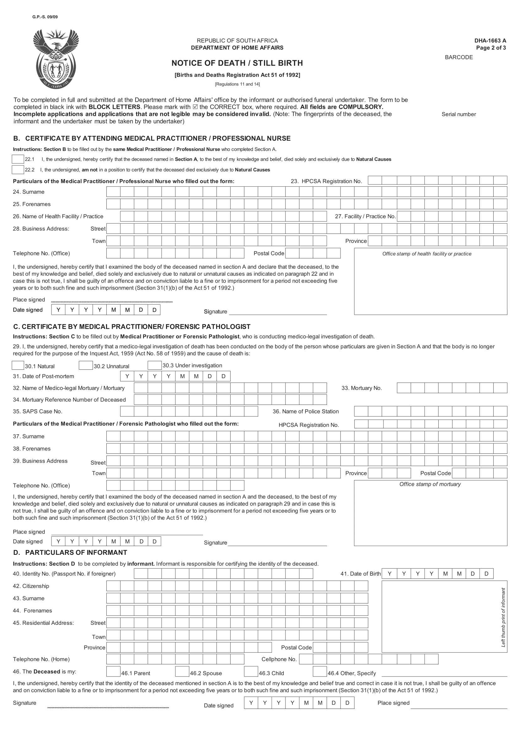 Page 2 of Notification of death form DHA1663