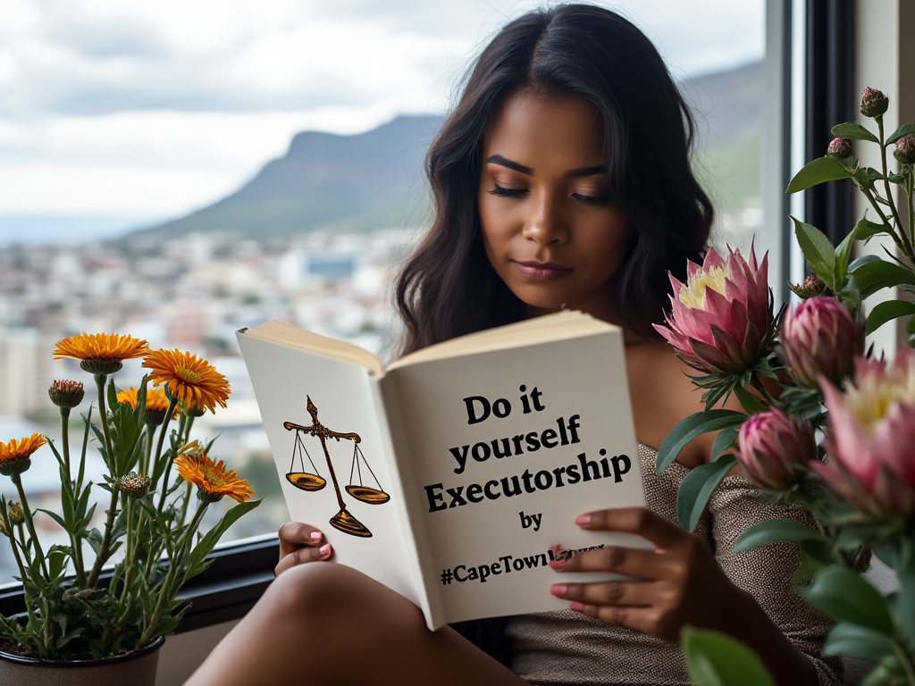 Person reading a book called Do It Yourself Executorship; with proteas flowers next to her