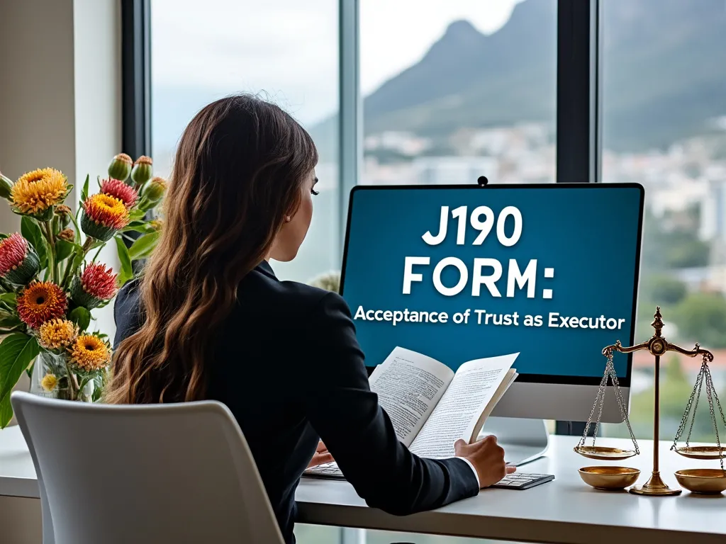 Lawyer looking at a screen which says J190 form : Acceptance of Trust as Executor