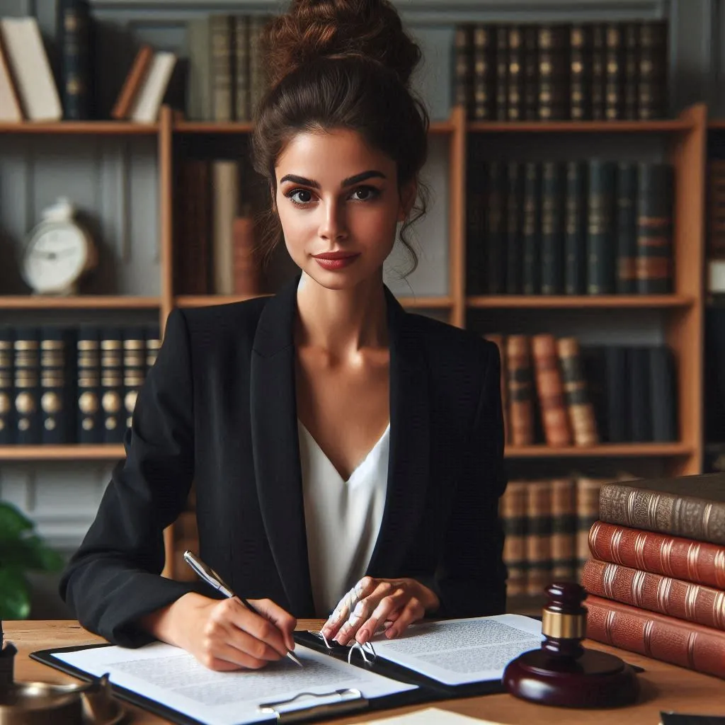 Attorney writing a will on a piece of paper with bookshelf behind her