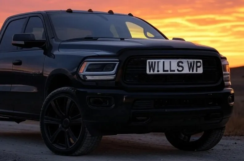 Car at sunset with number plate WILLS WP