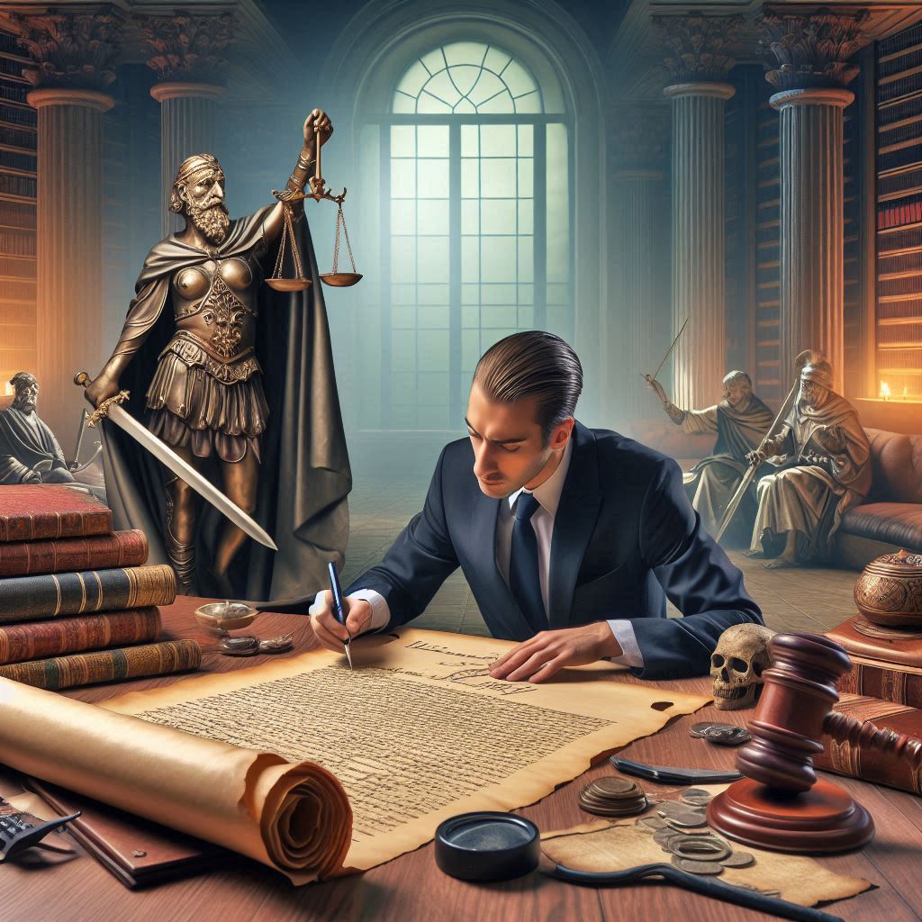 Lawyer drafting a scroll with the scales of justice being held behind him