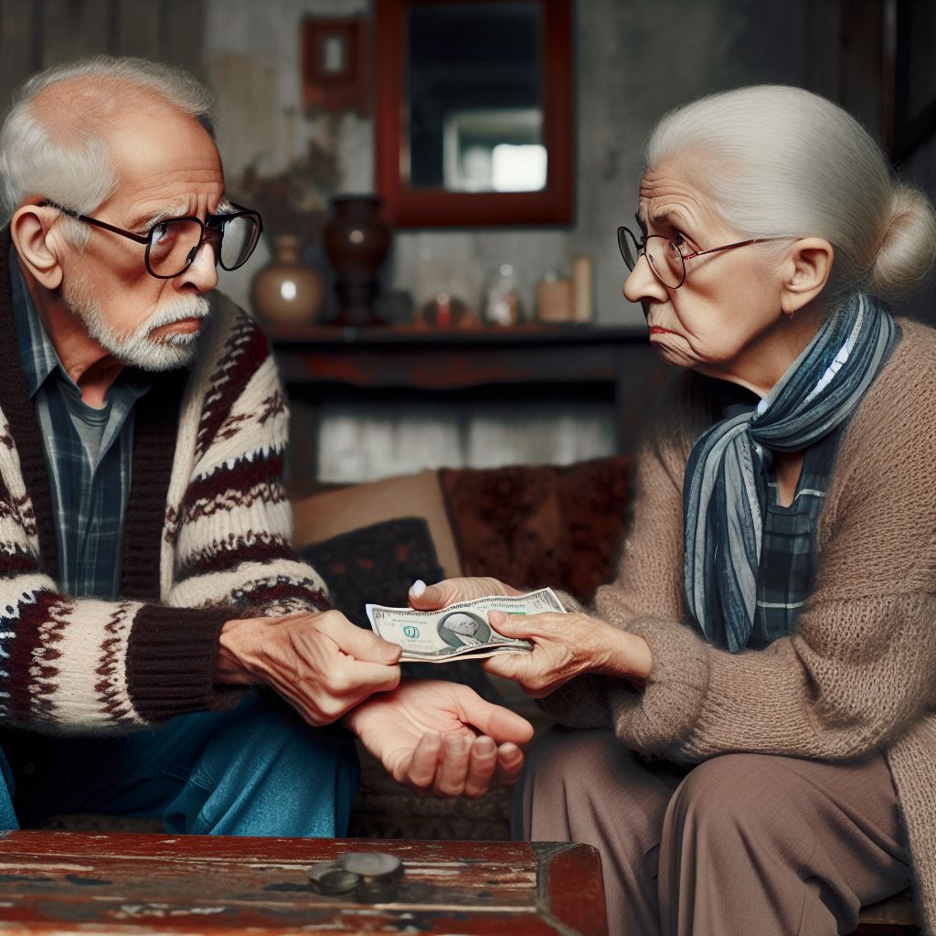 Pensioner husband and wife tugging at a bank note, symbolising the attempt to gain the assets during a divorce.