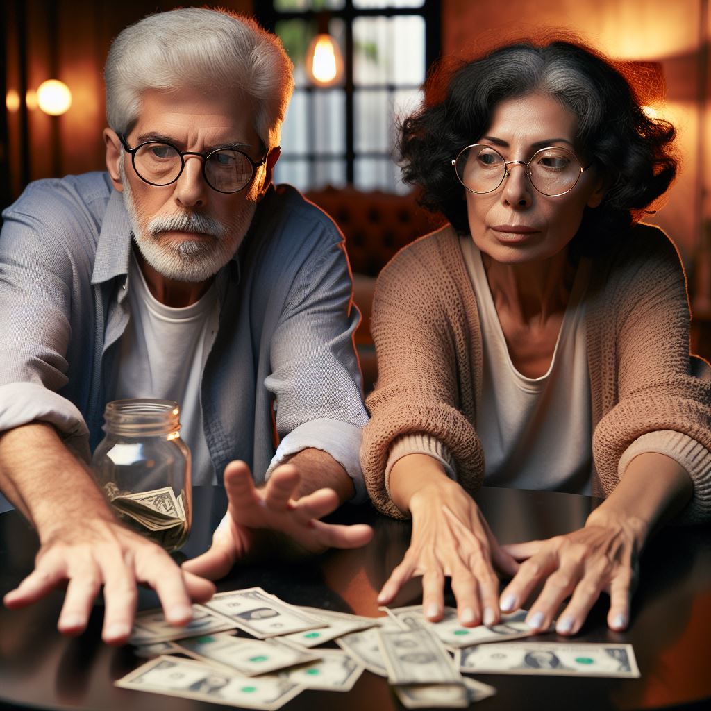 Pensioner hsuband and wife grabbing money from a pile on the table, symbolising the fight for assets during a divorce