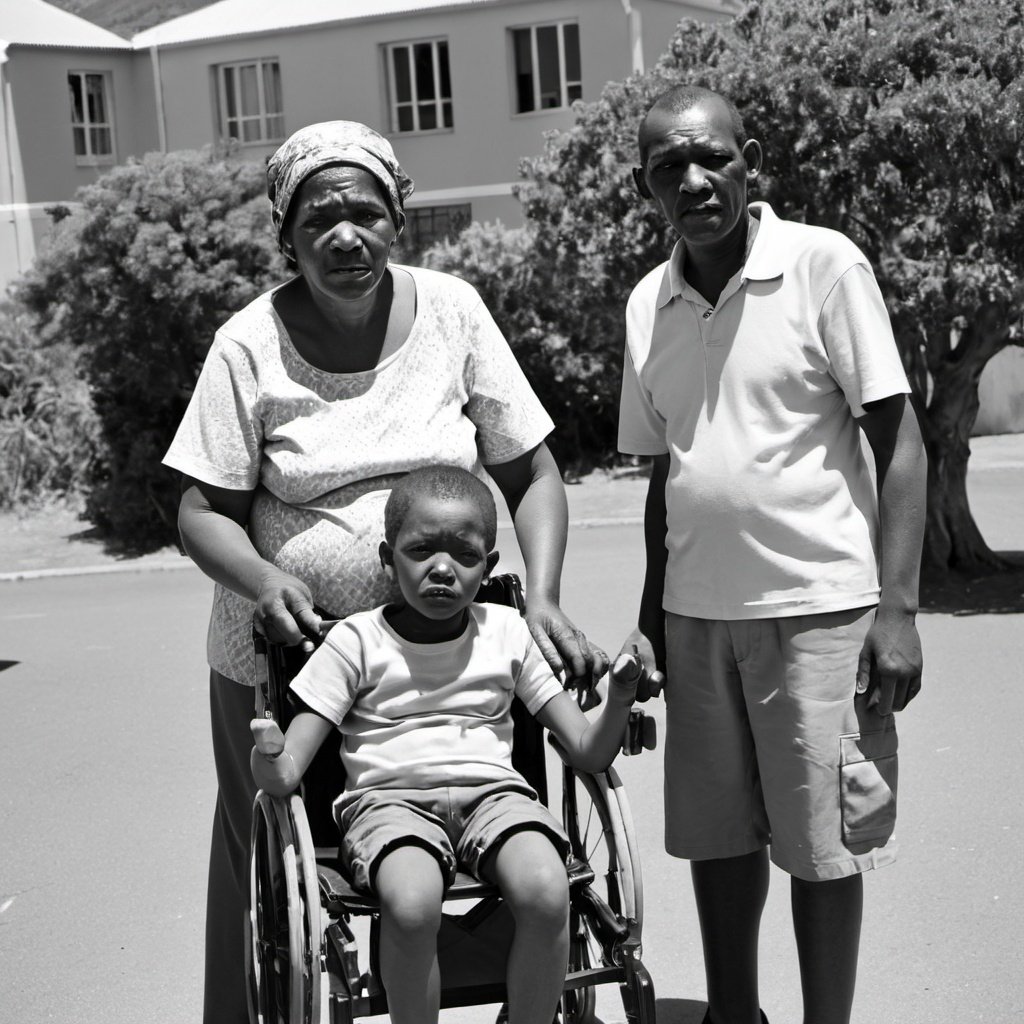 Black and white photo of child in a wheelchair with father and mother