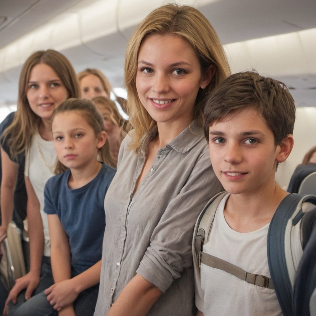 Children standing inside a plane