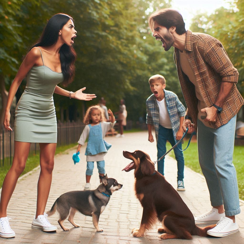 Couple shouting at each other with pet dogs and children in between them