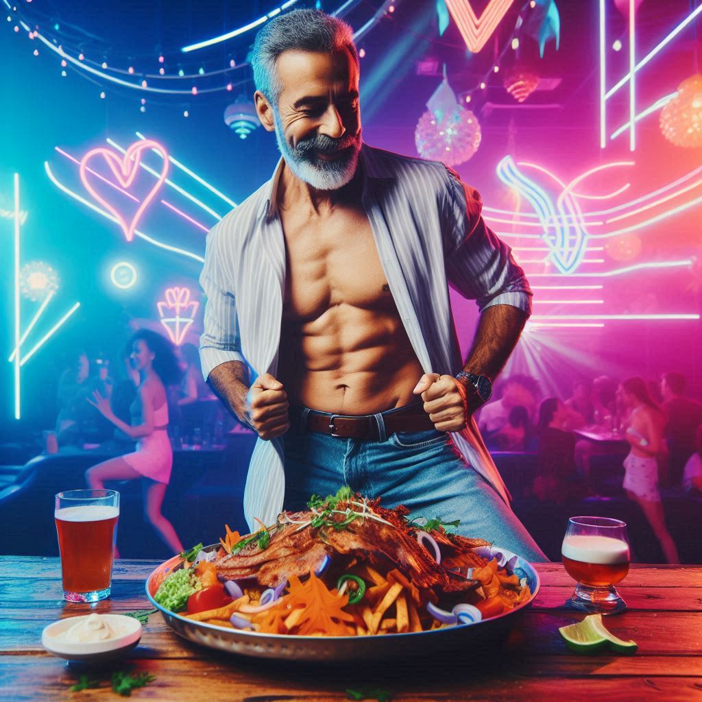 Man out dancing with a large plate of food