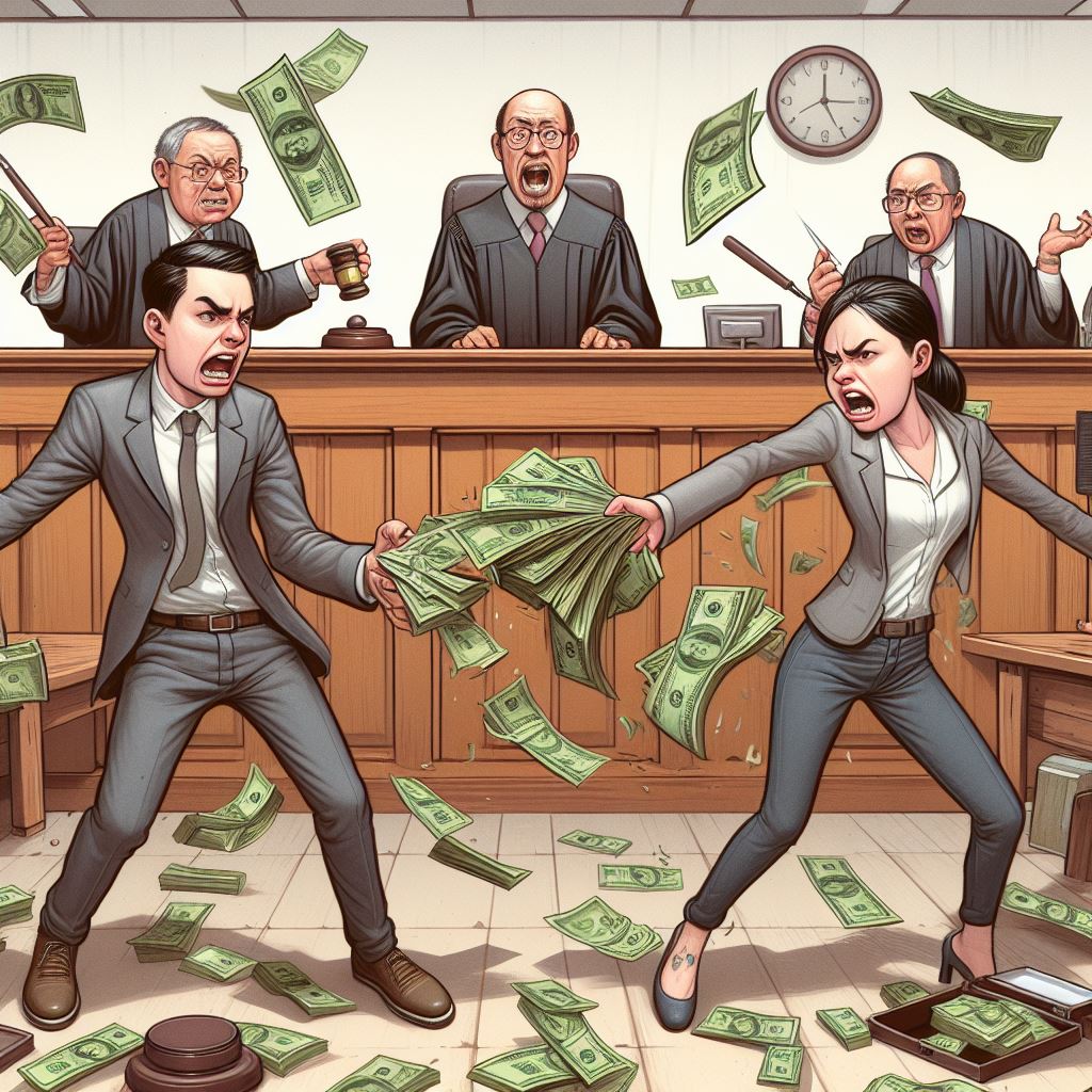 Husband wife fighting over money in a courtroom with judge shouting