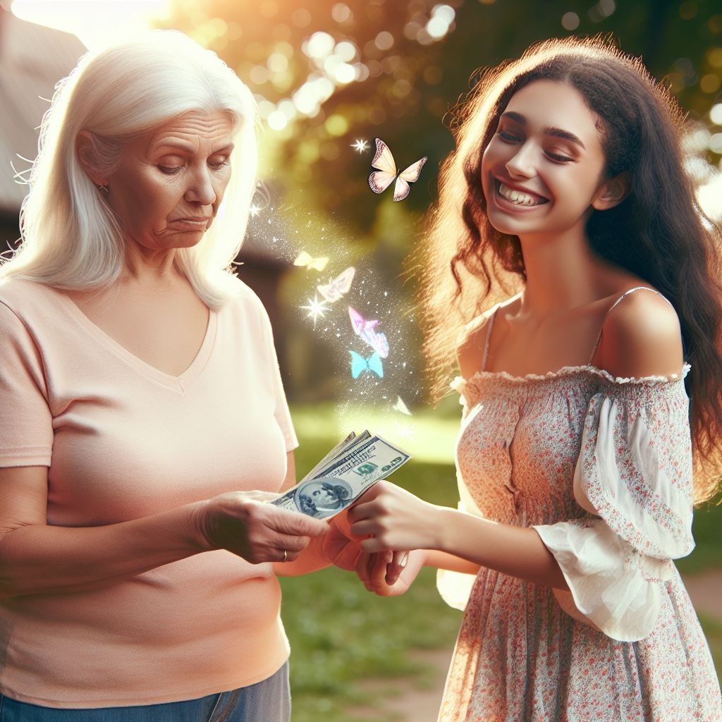 Grandmother giving money to her granddaughter