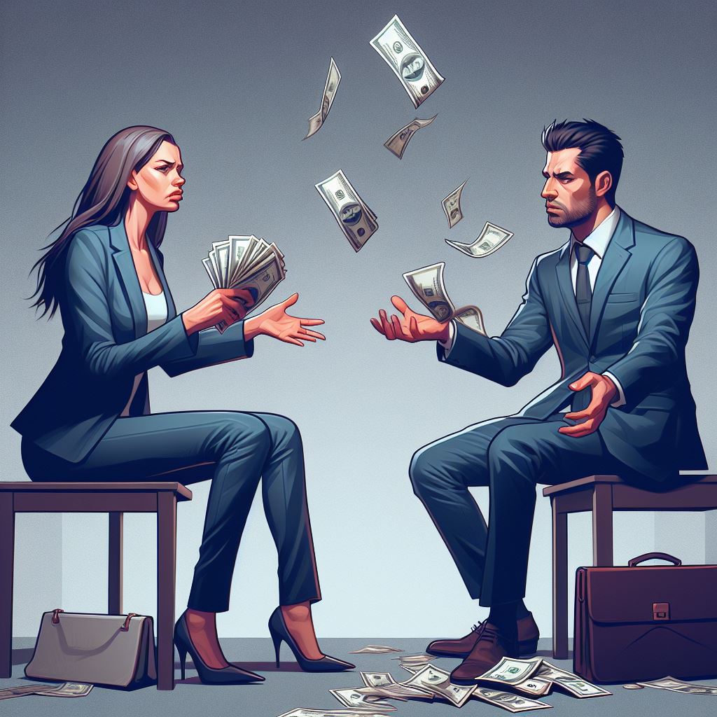 Wife holding money notes like cards with more money floating above husband