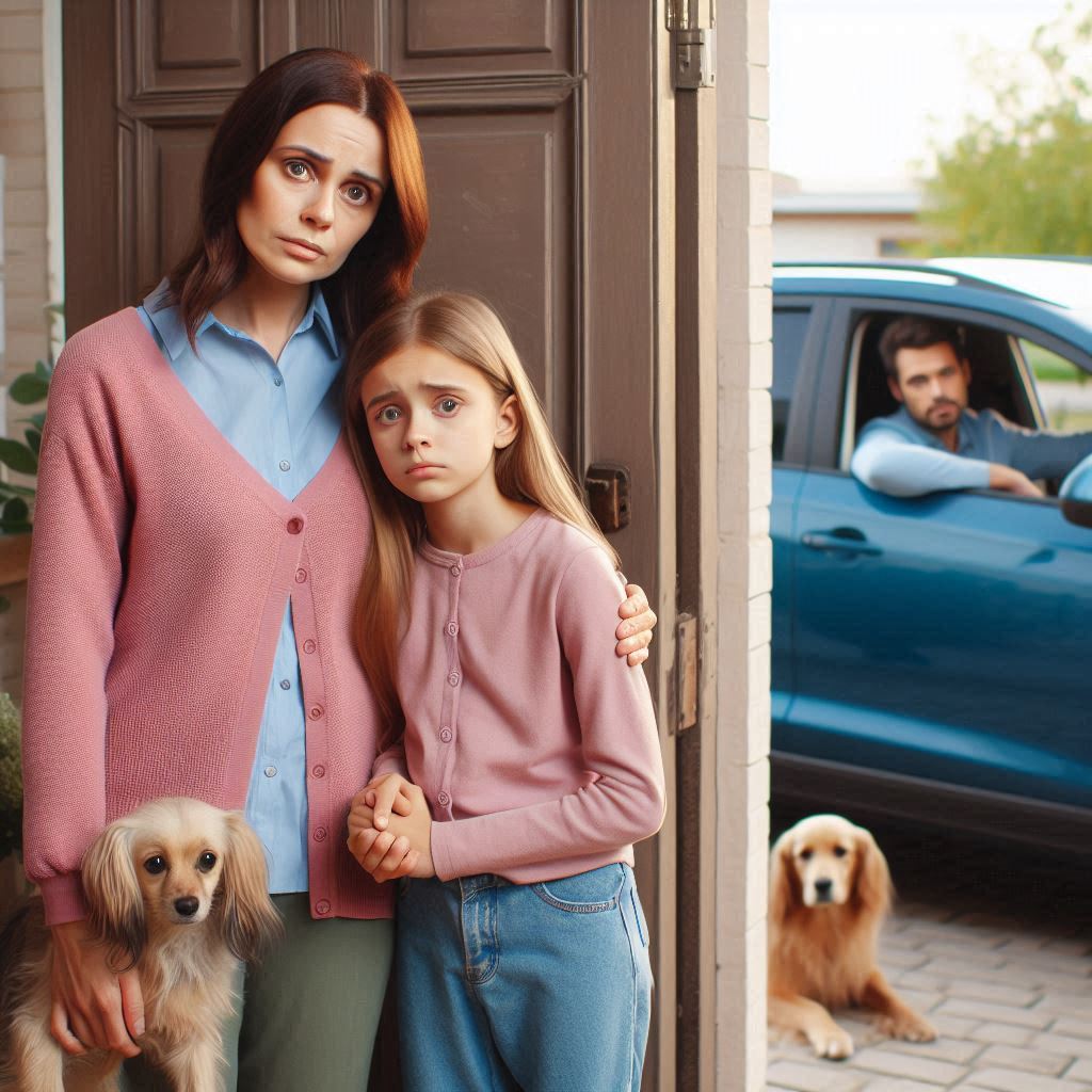 Mother and daughter standing at the door of their house with their dog; father is in car