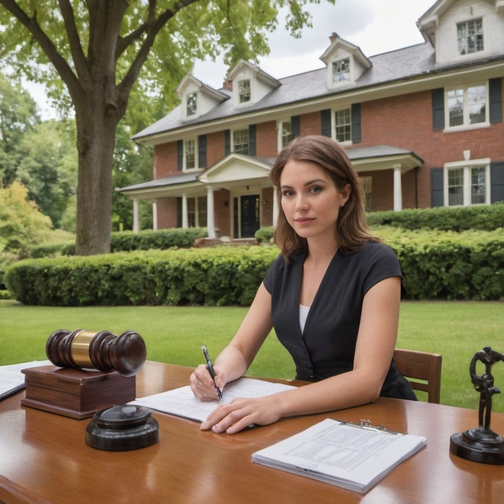 Conveyancing secretary sitting at a desk on the lawn in front of a house