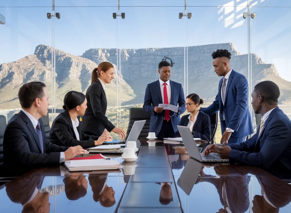 Cape Town law firm boardroom with Table Mountain in the background.