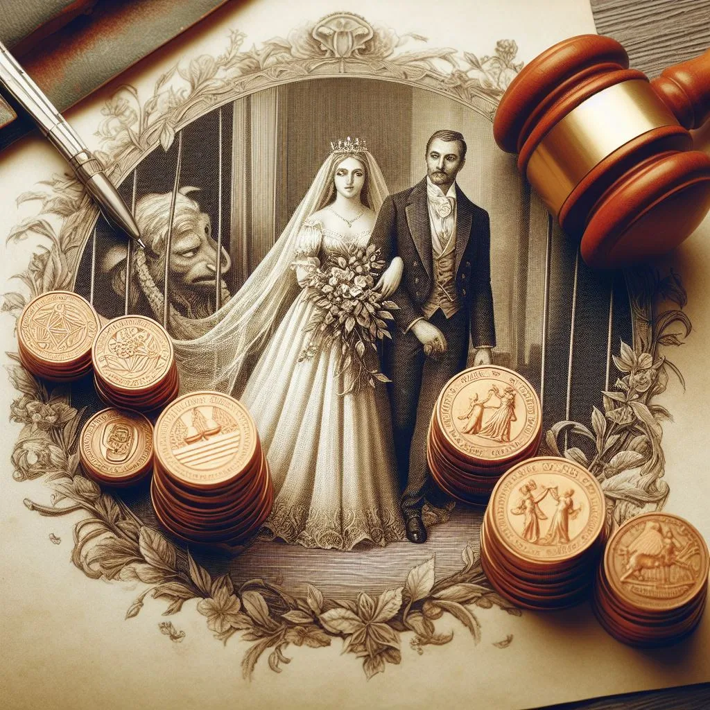 Photo of couple getting married with coins and a gavel