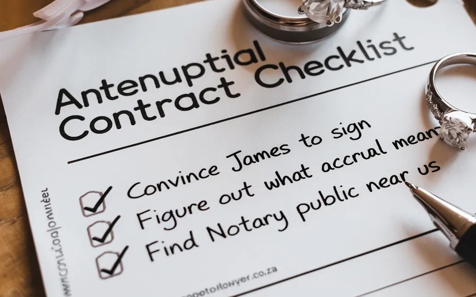 Antenuptial contract checklist - convince James to sign, figure out what accrual means, find notary public near us