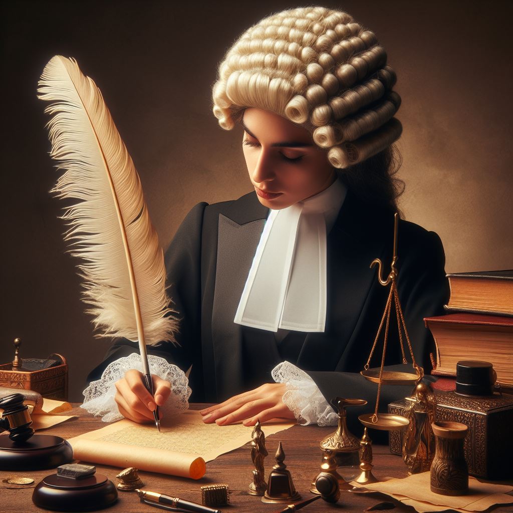 Female lawyer drafting a contract whilst wearing a wig and using a quill