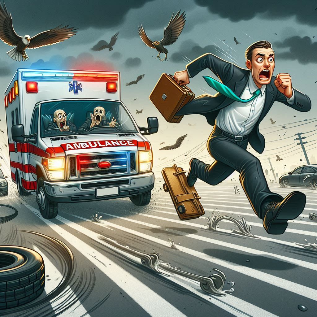 Lawyer sprinting with an ambulance
