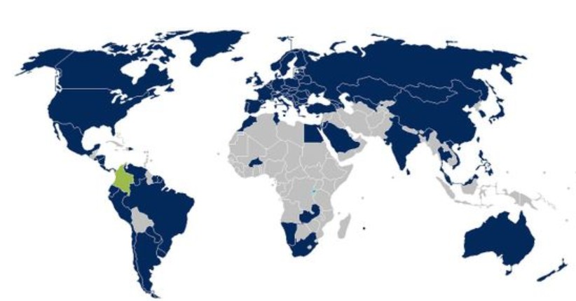 Map of earth with countries which are part of the Hague Apostille Convention in blue