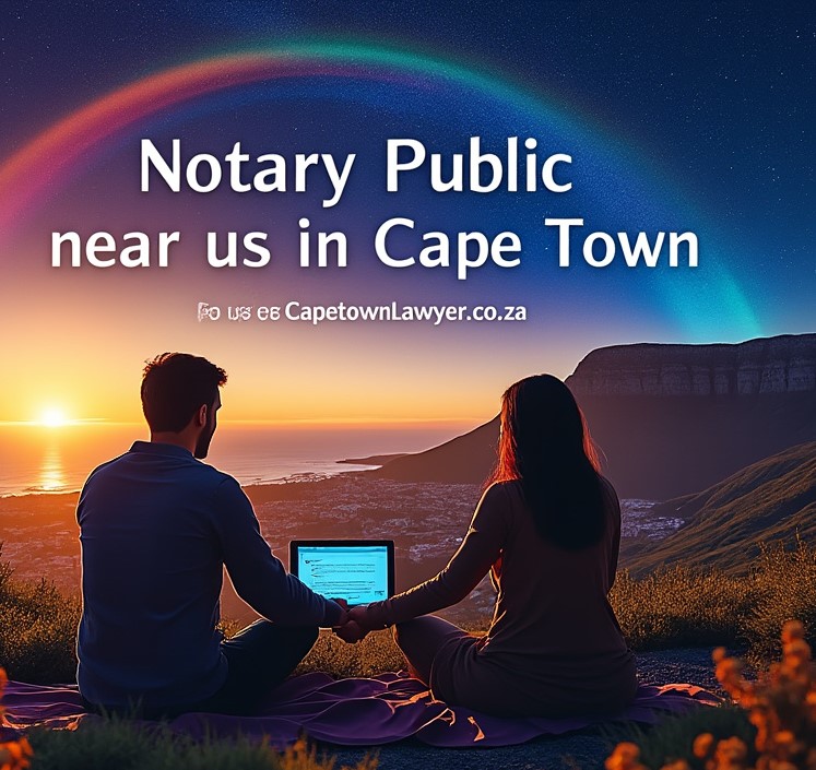 Notary Public near us in Cape Town written in the sky under a rainbow, couple holding hands