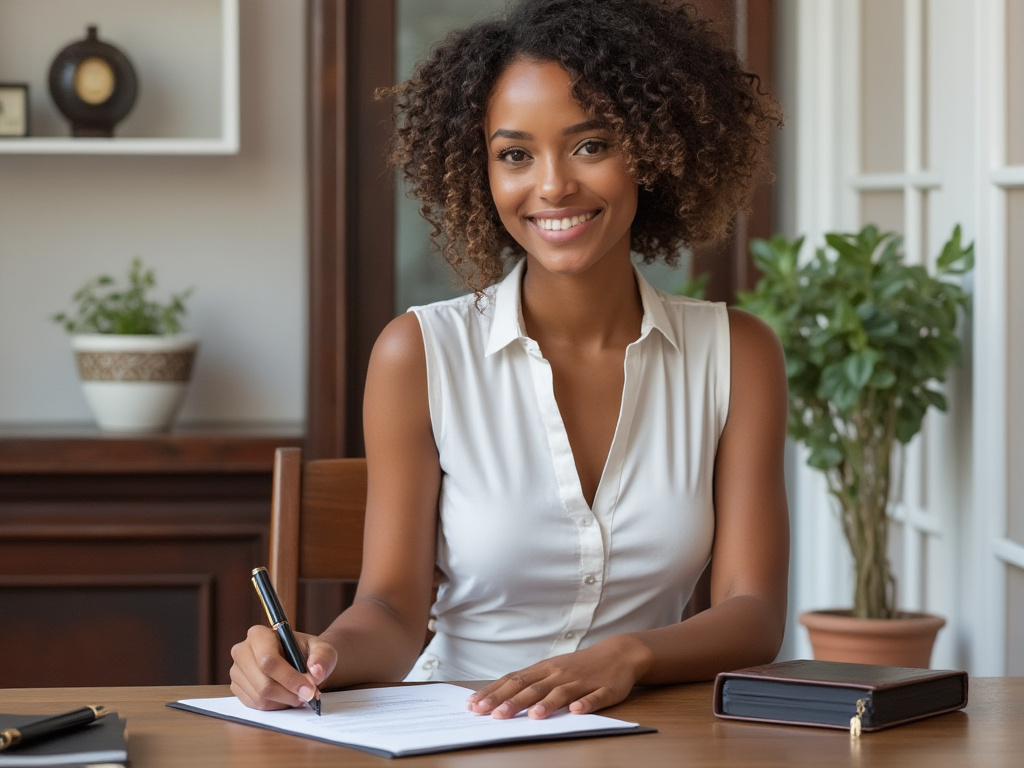 Notary public with pen and paper at desk, ready to take instructions