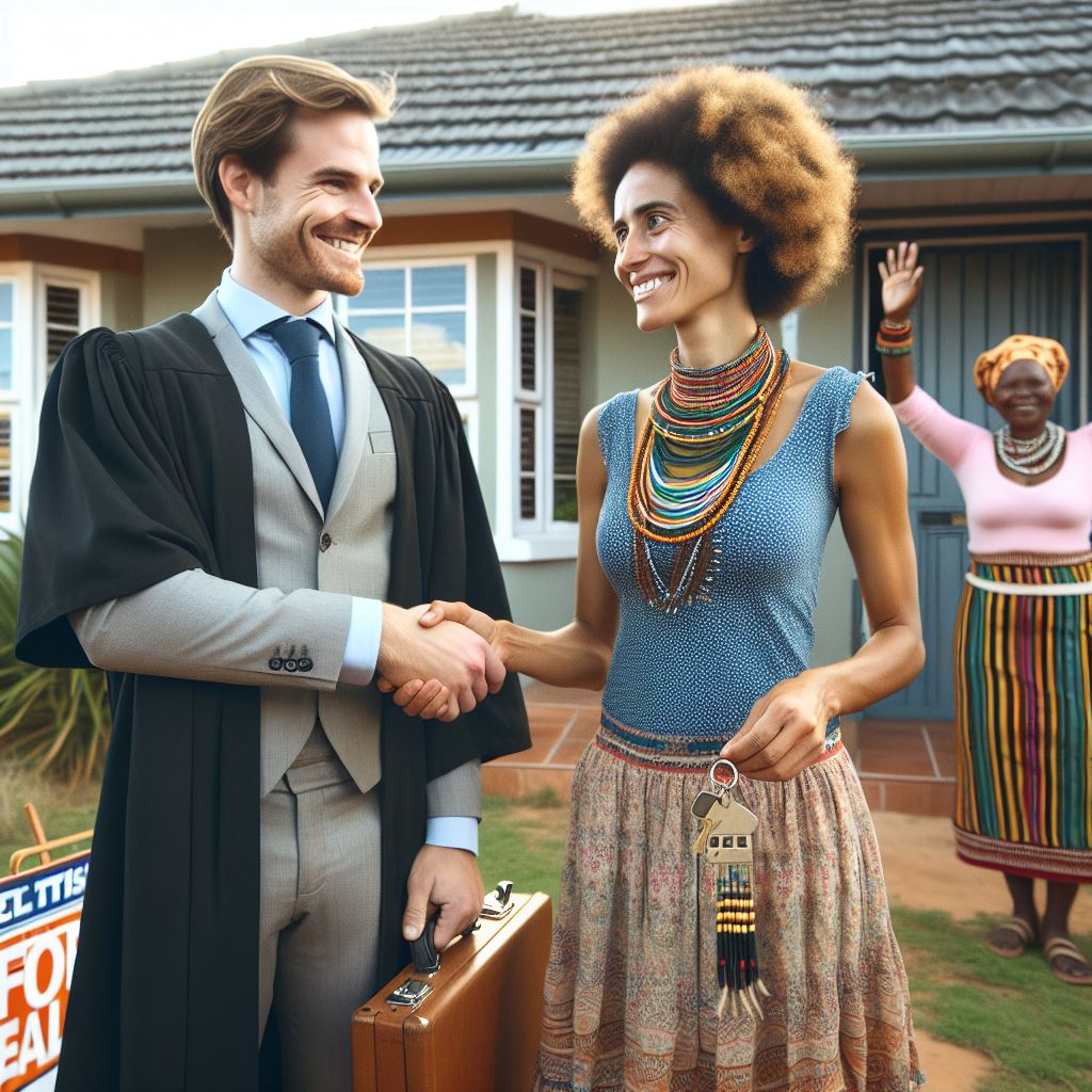 Attorney shaking hands with property seller, symbolising her thanks for him drafting a property sales agreement.