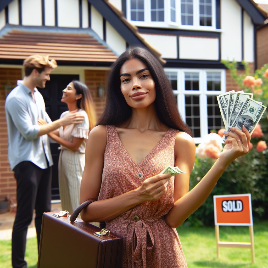 Conveyancer standing in the garden of a house with a sold sign, holding money symbolising the attorney transfer costs, whilst a couple in the background celebrate the sale of their house.