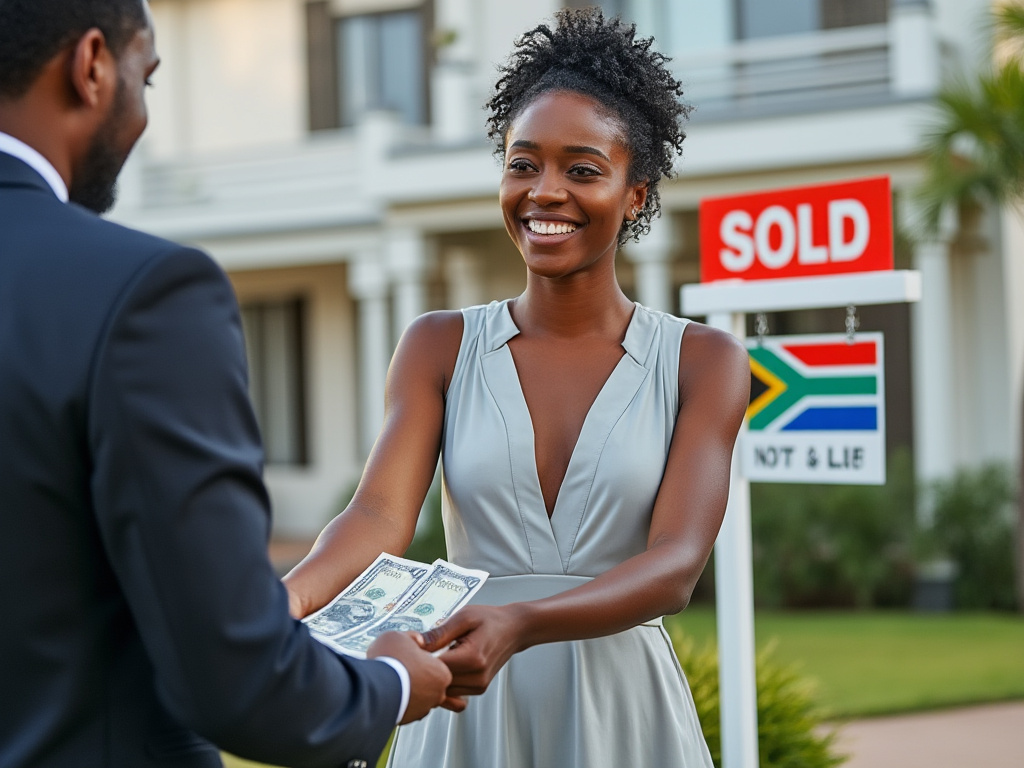 Property seller handing a conveyancing attorney money in front of a house with a sold sign and a South African flag.