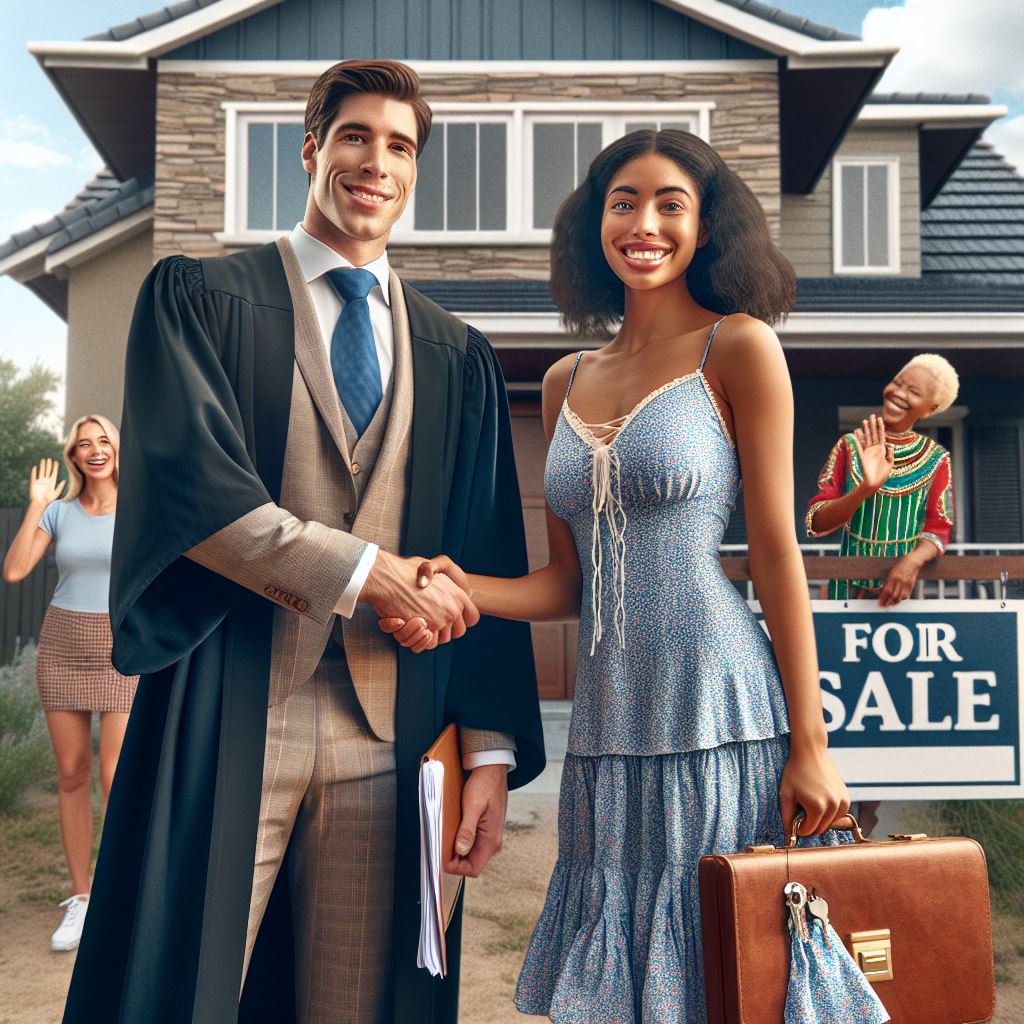 Property attorney shaking hands with the seller in front of a house with a for sale sign; the handshake signalling their agreement on the conveyancing costs and that they will work together to transfer the property once sold.