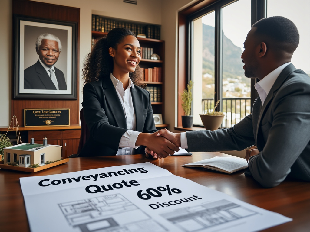 Conveyancing attorney shaking hands with property seller, conveyancing quote on table with sixty percent discount