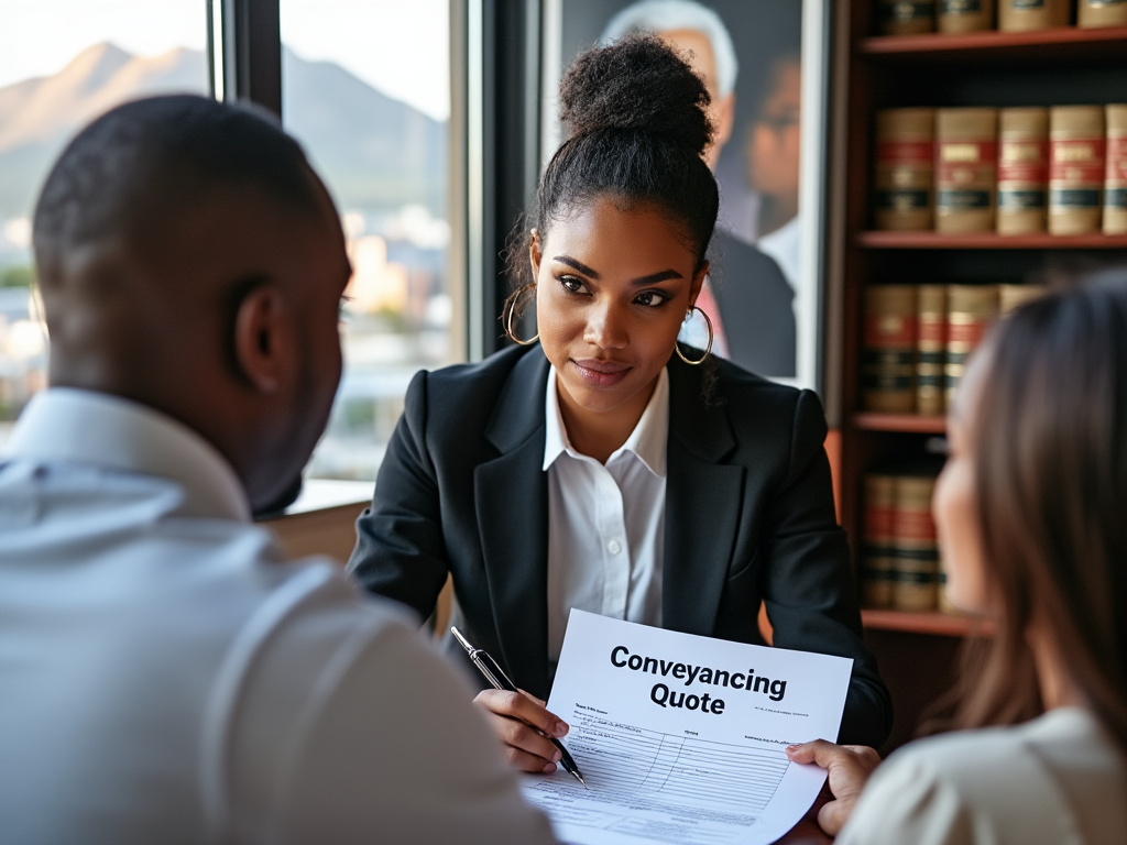 Property lawyer showing clients a conveyancing quote