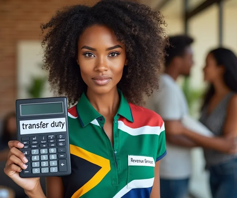 Lady with shirt indicating she is from the South African Revenue Service, holding a calculator with transfer duty written on it.