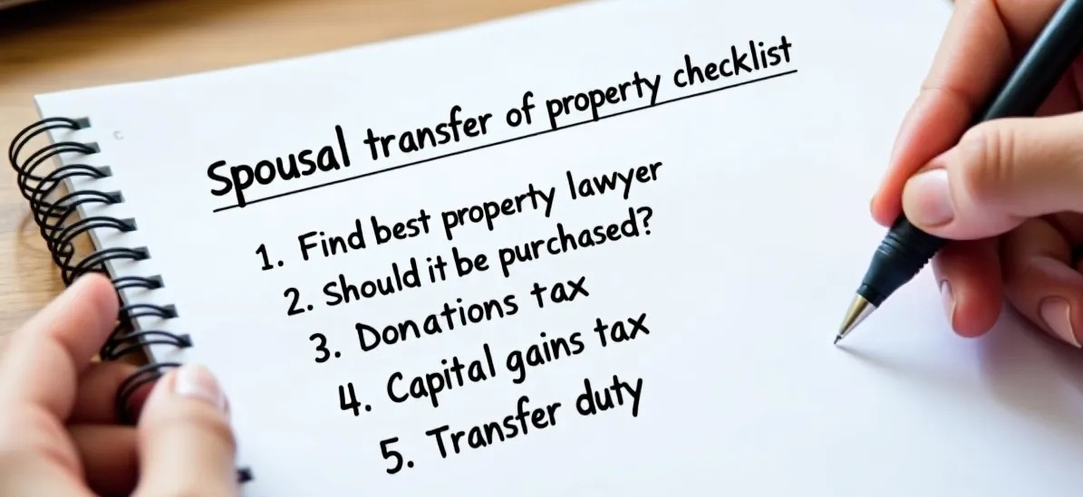 Spousal transfer of property checklist. 1 find top property lawyer, 2 should it be purchased, 3 donations tax,  <Capital gains tax, 5 transfer duty - 
