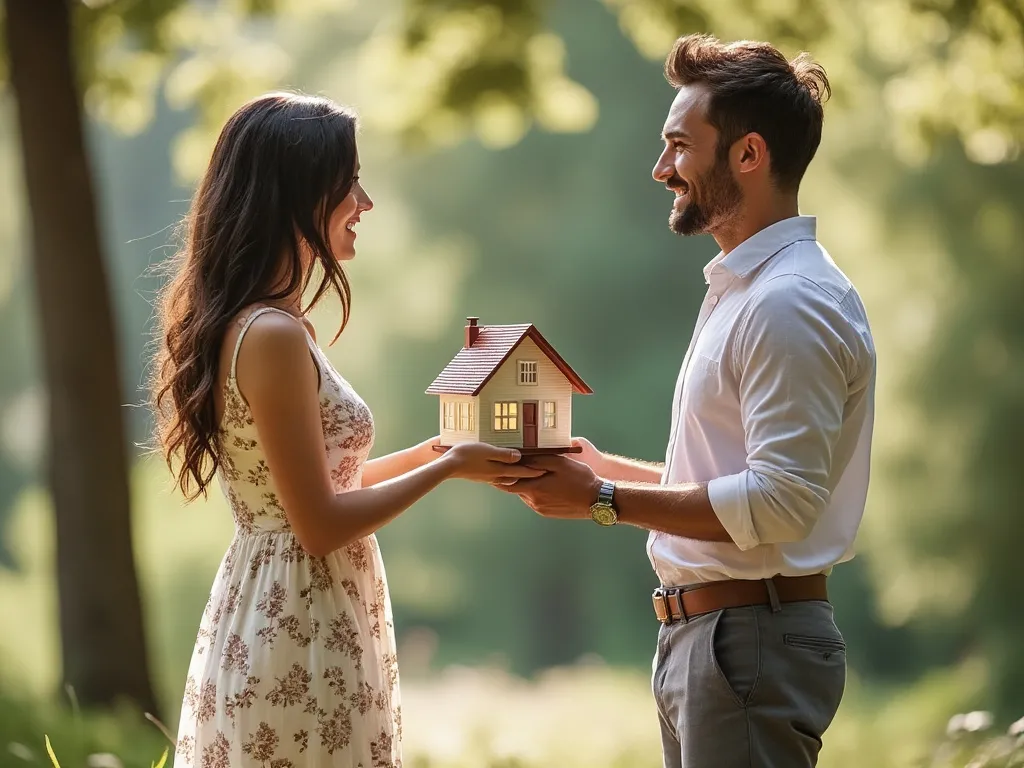 Husband handing a miniature house to his wife