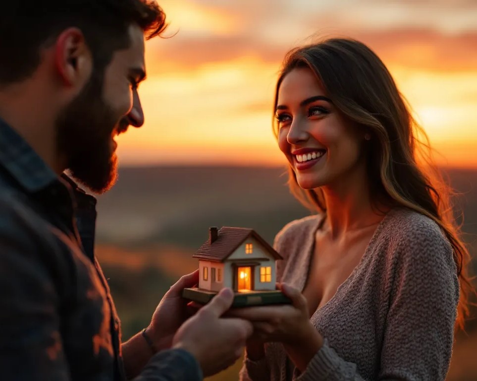Husband hands miniature house to wife at sunset