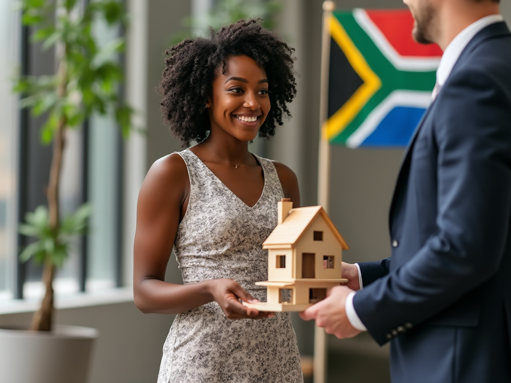 Conveyancing attorney transfer miniature property to a property purchaser, rerpresenting the transfer in title deed; in front of a South African flag