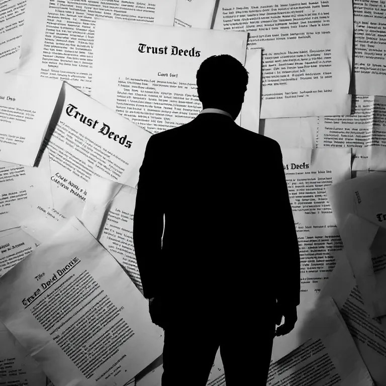 Conveyancer silhouetted against trust deeds