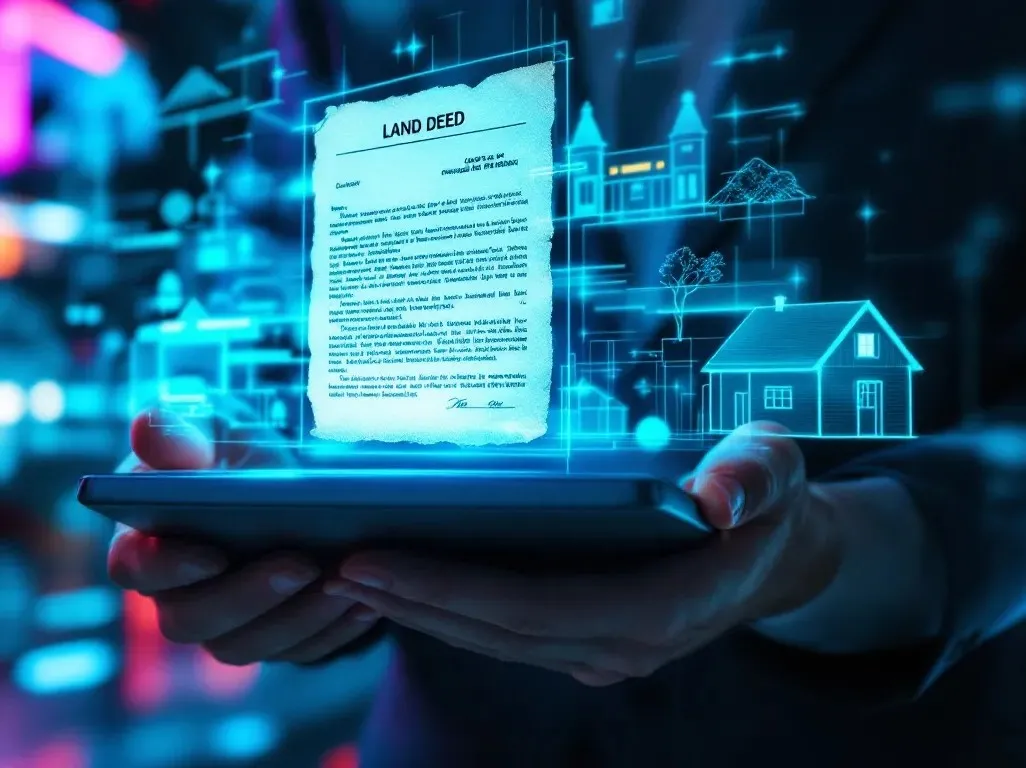 Holographic land deed held by a conveyancer with holographic house