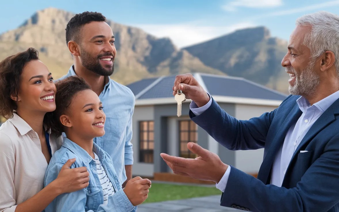 Conveyancer handing keys to family who bought property which is in background