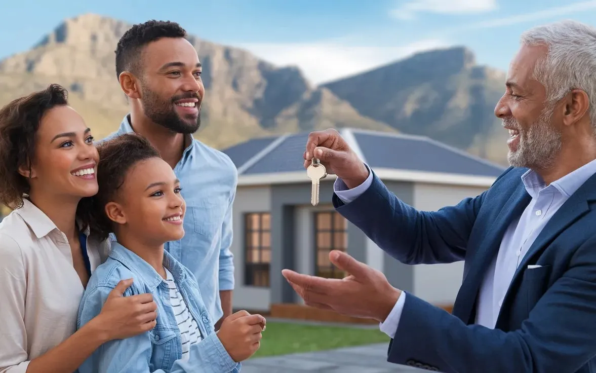 Conveyancer handing keys to family who bought property which is in background