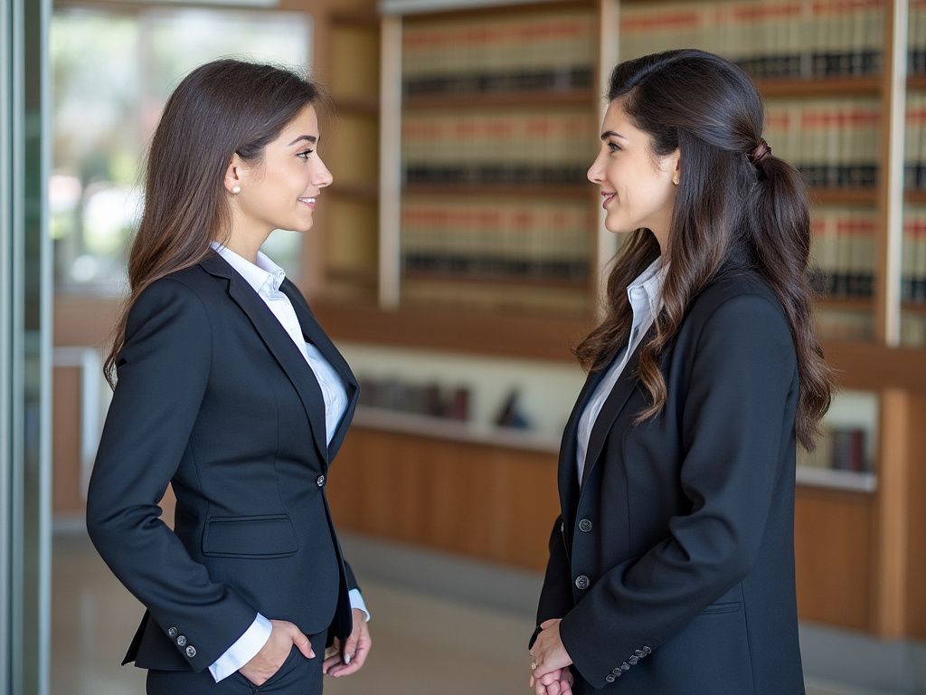 Lawyers conversing in front of legal library