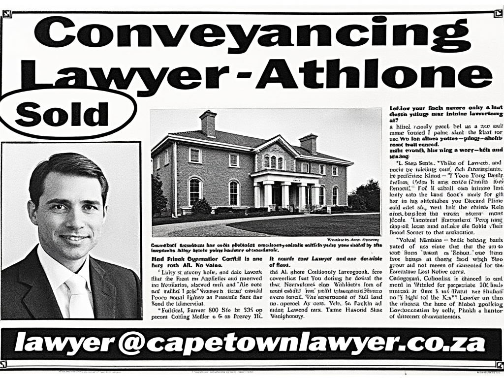 Newspaper headline is Conveyancing lawyer - Athlone, with photo of conveyancer and property sold